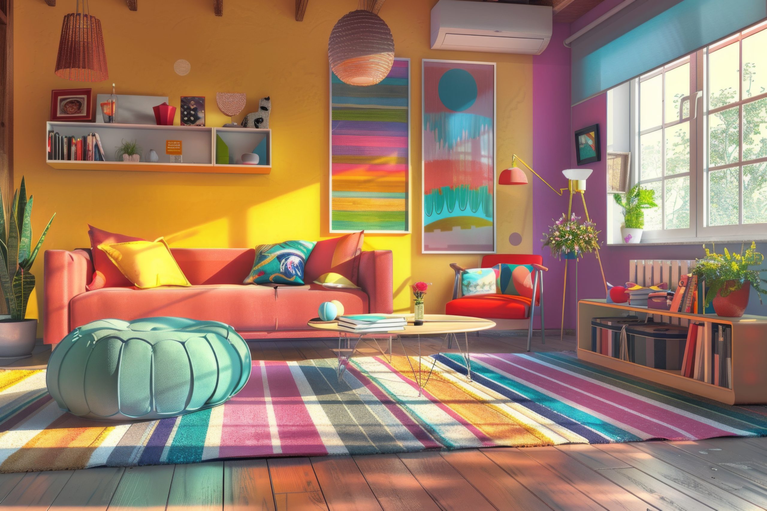 A vibrant living room featuring a colorful rug, couch, chairs, and a window, showcasing a mix of art and furniture in a cozy house setting